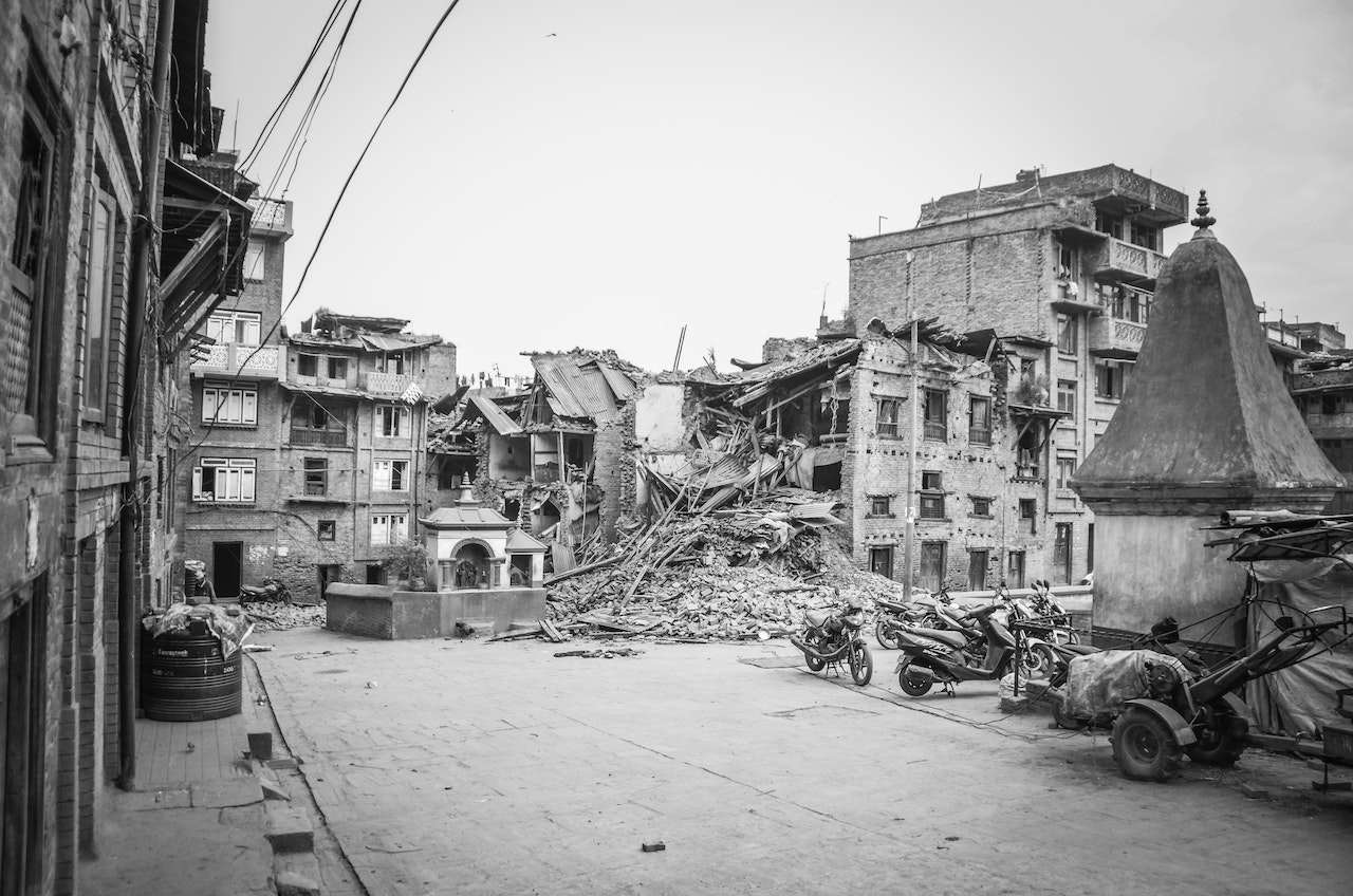 Collapsed buildings after an earthquake